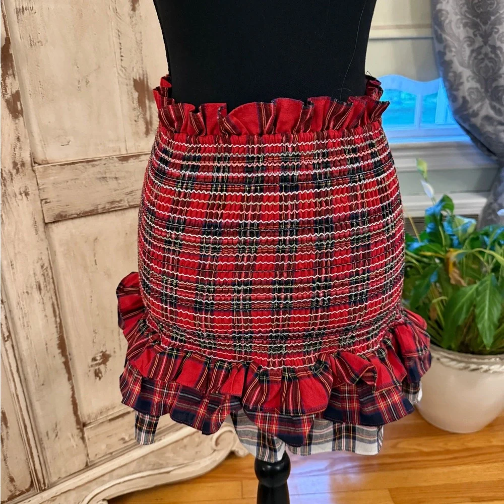 English Factory Red & Navy Smocked Tartan Tiered Ruffle Hem Skirt/top. Sz small - Picture 5 of 14